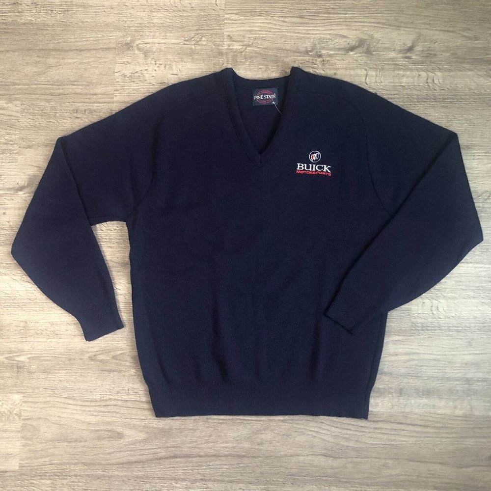 Vintage Deadstock Rare Navy Pine State Buick Motorsports V-Neck Sweater Size XL